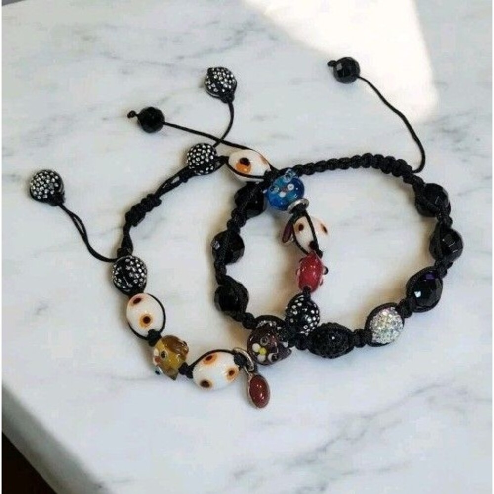 Handmade Kitty Cat Cats Lampwork glass Charm Bead  bracelet & Black Beaded Lot